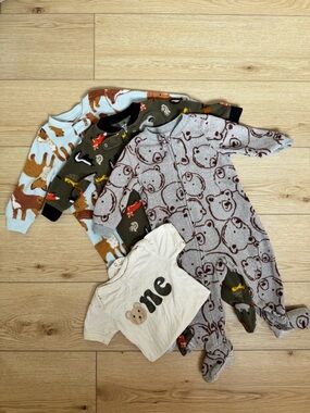 12 month wildlife bear fleece pajamas & bear 1st birthday onesie